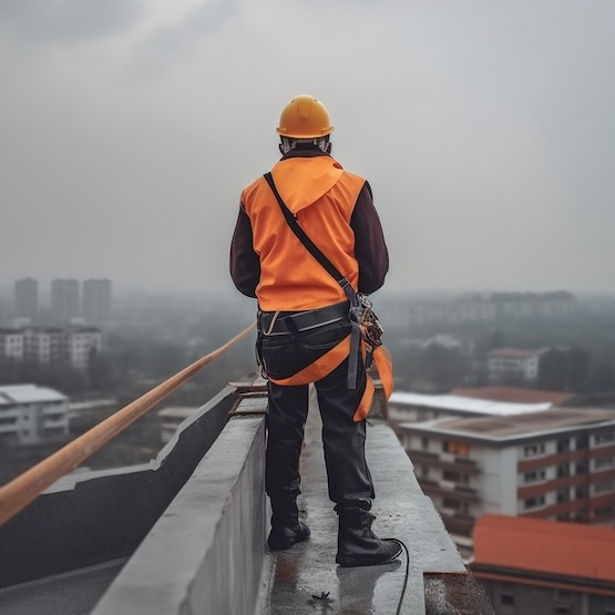 A commercial roofer is reviewing his work in a city landscape.