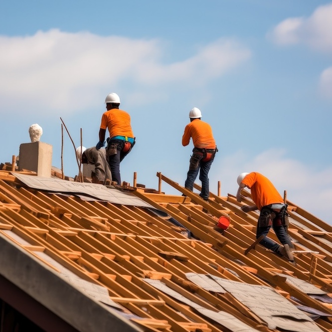 Roof installation in progress with three roofers on the roof.