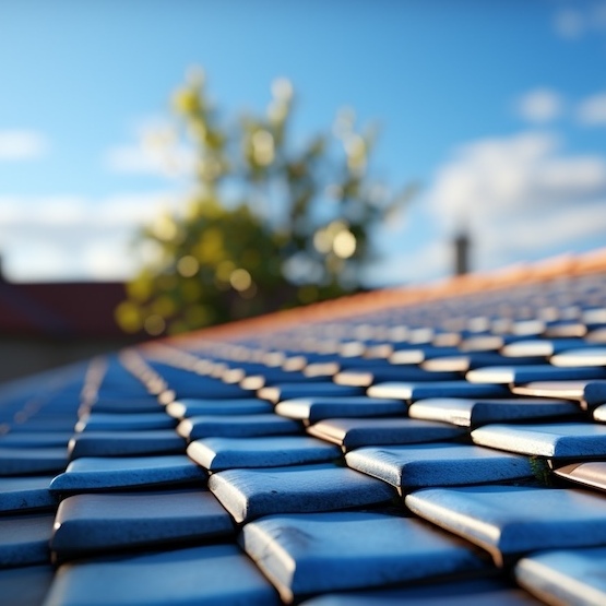 Roofing tiles seen at an incline.